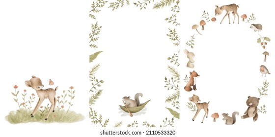 Woodland Animals Watercolor Forest Illustration Baby Template