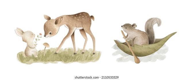 Woodland Animals Watercolor Forest Illustration Baby