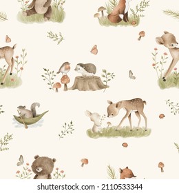 Woodland Animals watercolor forest illustration baby seamless pattern 