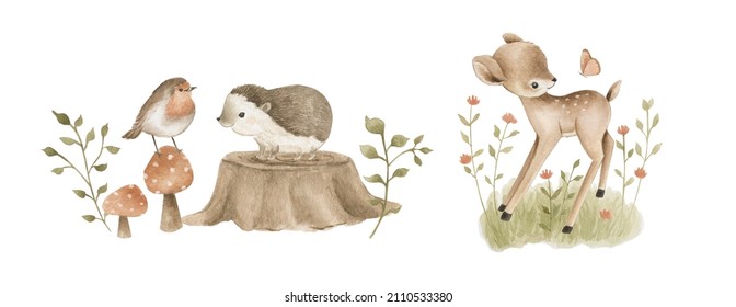 Woodland Animals watercolor forest illustration baby