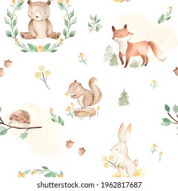 Woodland baby animals seamless pattern,  watercolor illustration of fox, bear, squirrel, rabbit, hedgehog and racoon for nursery 