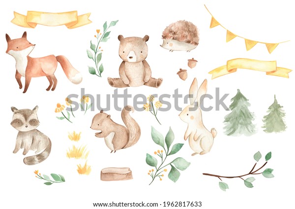 Woodland baby\
animals watercolor illustration of fox, bear, squirrel, rabbit,\
hedgehog and racoon for nursery\
