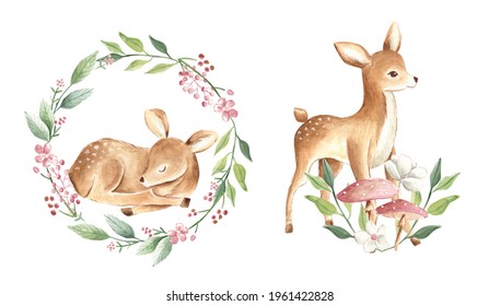 Woodland Baby Deer Forest Animal Watercolor Wreath Illustration For Nursery In Pink And Green Foliage 