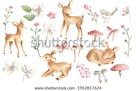 Woodland Baby Deer forest animal watercolor wreath illustration for nursery in pink and green foliage 