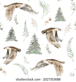 Woodland birds seamless pattern for fabric, Watercolor forest birdsseamless digital paper, Owls and eagles repeat pattern for nursery decor, textile, wrapping paper