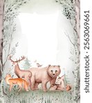 Woodland cartoon Animals watercolor illustration template. Pre made frame for baby shower fawn, birthday invitation kids baby deer, fox in the forest. bear, rabbit and birds