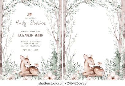 Woodland cartoon Animals watercolor illustration template. Pre made frame for baby shower fawn, birthday invitation kids baby deer, fox in the forest. bear, rabbit and birds - Powered by Shutterstock