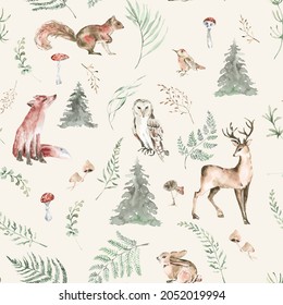 Woodland seamless pattern for fabric, Watercolor forest animals seamless digital paper, Cute animals repeat pattern for nursery decor, textile, wrapping paper