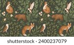 Woodland seamless pattern with floral and animals. Forest pattern with fox, owl, bird.  