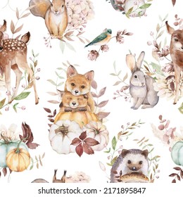 Woodland seamless pattern. Watercolor fall forest design. Deer, fox, squirrel, hare, hedgehog. Cute animals and floral texture for nursery decor, fabric, textile, wallpaper, wrapping paper