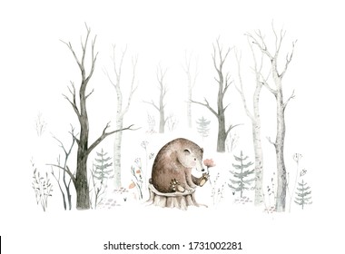 Woodland Watercolor Cute Animals Baby Bear. Scandinavian Owls On Forest Nursery Poster Design. Isolated Charecter.