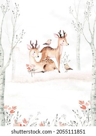 Woodland watercolor cute animals baby deer  Scandinavian cartoon forest nursery poster design  Isolated charecter 