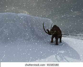 Woolly ice age mammoth in blizzard