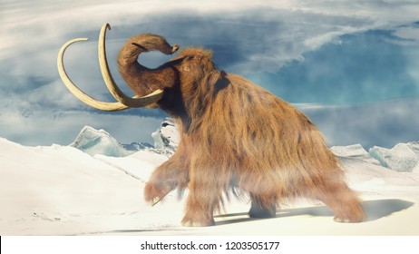 шерстяной мамонт, доисторическое животное в пейзаже ледникового периода (3d иллюстрация)