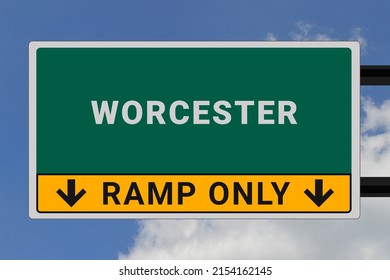 Worcester logo. Worcester lettering on a road sign. Signpost at entrance to Worcester, USA. Green pointer in American style. Road sign in the United States of America. Sky in background