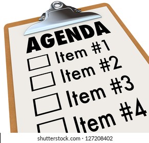 The word Agenda on a numbered list of things to do or cover, held on a clipboard, serving as a schedule for a meeting or gathering
