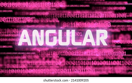 Word Angular and abstract cyberspace with binary code on dark background . Angular web framework 