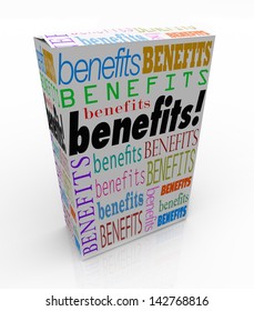 The Word Benefits On A Product Box Or Package To Illustrate The Advantage Or Special Uniqe Qualities Of Your Goods Or Service