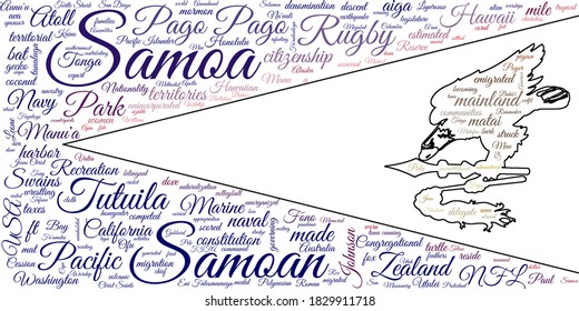 Word Cloud Of American Samoa Flag With Representative And Typical And Traditional National Items: Cities, Food, People And Places.