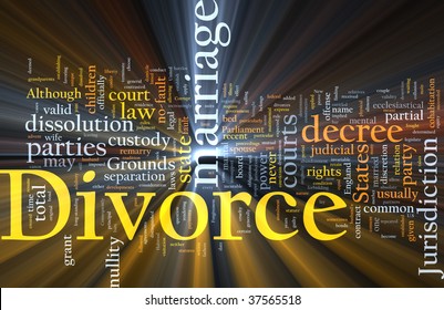 Word cloud concept illustration of divorce marriage glowing light effect