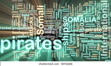 Word Cloud Concept Illustration Of Somali Pirates Glowing Neon Light Style