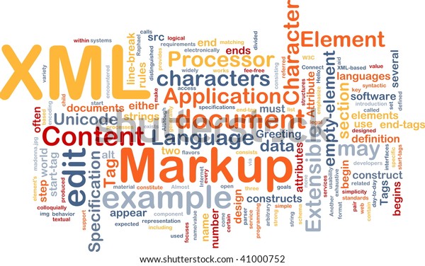 Word\
cloud concept illustration of XML markup\
language