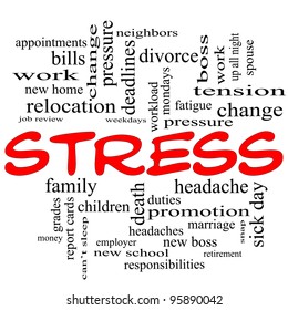 A Word Cloud Concept In Red Caps Around The Word Stress With Great Terms Such As Pressure, Deadlines, Family, Duties, Tension, Change And More.