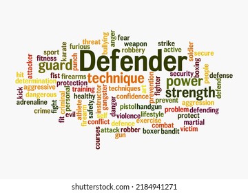 Word Cloud With DEFENDER Concept, Isolated On A White Background.