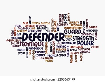 Word Cloud With DEFENDER Concept, Isolated On A White Background.