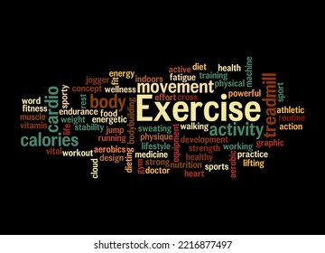 Word Cloud with EXERCISE concept, isolated on a black background.