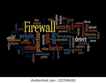 Word Cloud with FIREWALL concept, isolated on a black background.