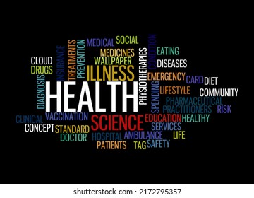 Word Cloud With HEALTH Concept, Isolated On A Black Background.