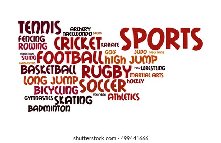 Word cloud illustrating the different sporting events that are popular and are played in large numbers across the globe