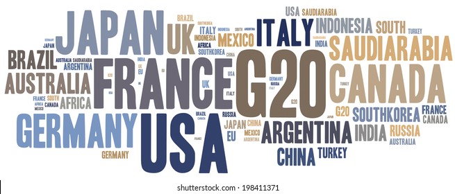 Word cloud illustration related to G20, twenty most influential countries in the world