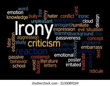 Word Cloud With IRONY Concept, Isolated On A Black Background.