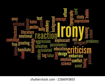 Word Cloud With IRONY Concept, Isolated On A Black Background.