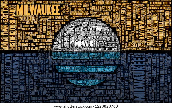 Word Cloud Neighborhoods Milwaukee Wisconsin Shape Stock