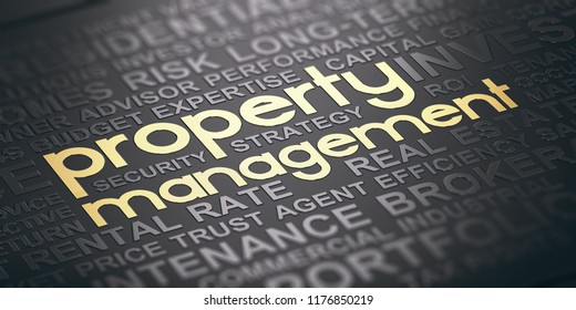 Word Cloud Over Black Background With The Text Property Management Witten In Golden Letters. Real Estate Concept. 3D Illustration