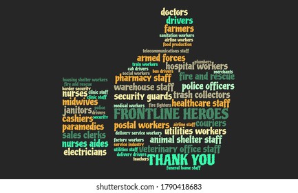 Word Cloud In Praise Of COVID's Frontline Essential Workers In The Shape Of A Thumbs Up Sign, Social Media 