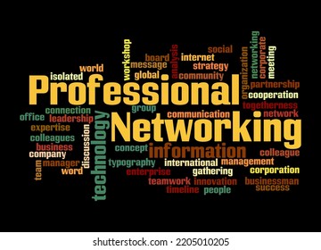 Word Cloud With PROFESSIONAL NETWORKING Concept, Isolated On A Black Background.