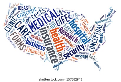 Word Cloud In The Shape Of The United States Showing Words Dealing With Health, Medicine And Insurance