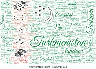 Word Cloud Of Turkmenistan Flag With Representative And Typical And Traditional National Items: Cities, Food, People And Places.