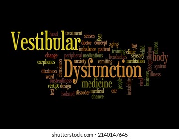Word Cloud with VESTIBULAR DYSFUNCTION concept, isolated on a black background.
