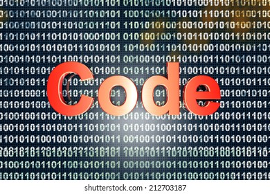 The word Code in front of a binary background.