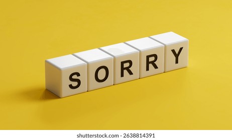 word concept. Sorry Message to Express Regret, Remorse, Apology for Error, Mistake, Guilt and Request Forgiveness. Concept With Word Written in Cut Out Paper. 3D rendering on yellow background.
