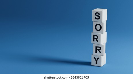 word concept. Sorry Message to Express Regret, Remorse, Apology for Error, Mistake, Guilt and Request Forgiveness. Concept With Word Written in Cut Out Paper. 3D rendering on blue background.