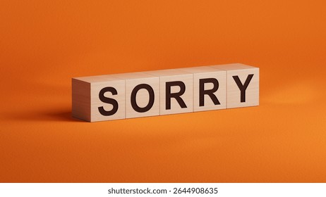word concept. Sorry Message to Express Regret, Remorse, Apology for Error, Mistake, Guilt and Request Forgiveness. Concept With Word Written in Cut Out Paper. 3D rendering on orange background.