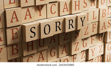 word concept. Sorry Message to Express Regret, Remorse, Apology for Error, Mistake, Guilt and Request Forgiveness. Concept With Word Written in Cut Out Paper. 3D rendering on wooden background.