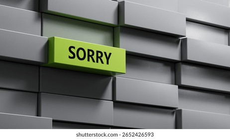 word concept. Sorry Message to Express Regret, Remorse, Apology for Error, Mistake, Guilt and Request Forgiveness. Concept With Word Written in Cut Out Paper. 3D rendering on green background.