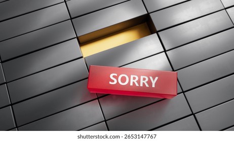 word concept. Sorry Message to Express Regret, Remorse, Apology for Error, Mistake, Guilt and Request Forgiveness. Concept With Word Written in Cut Out Paper. 3D rendering on red background.